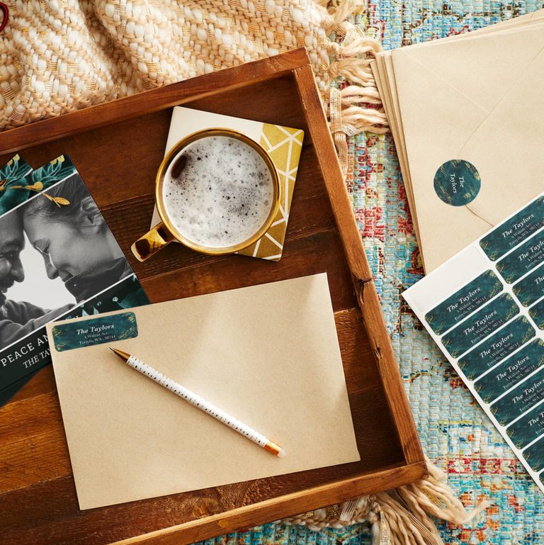 Stationary and holiday cards on a tray